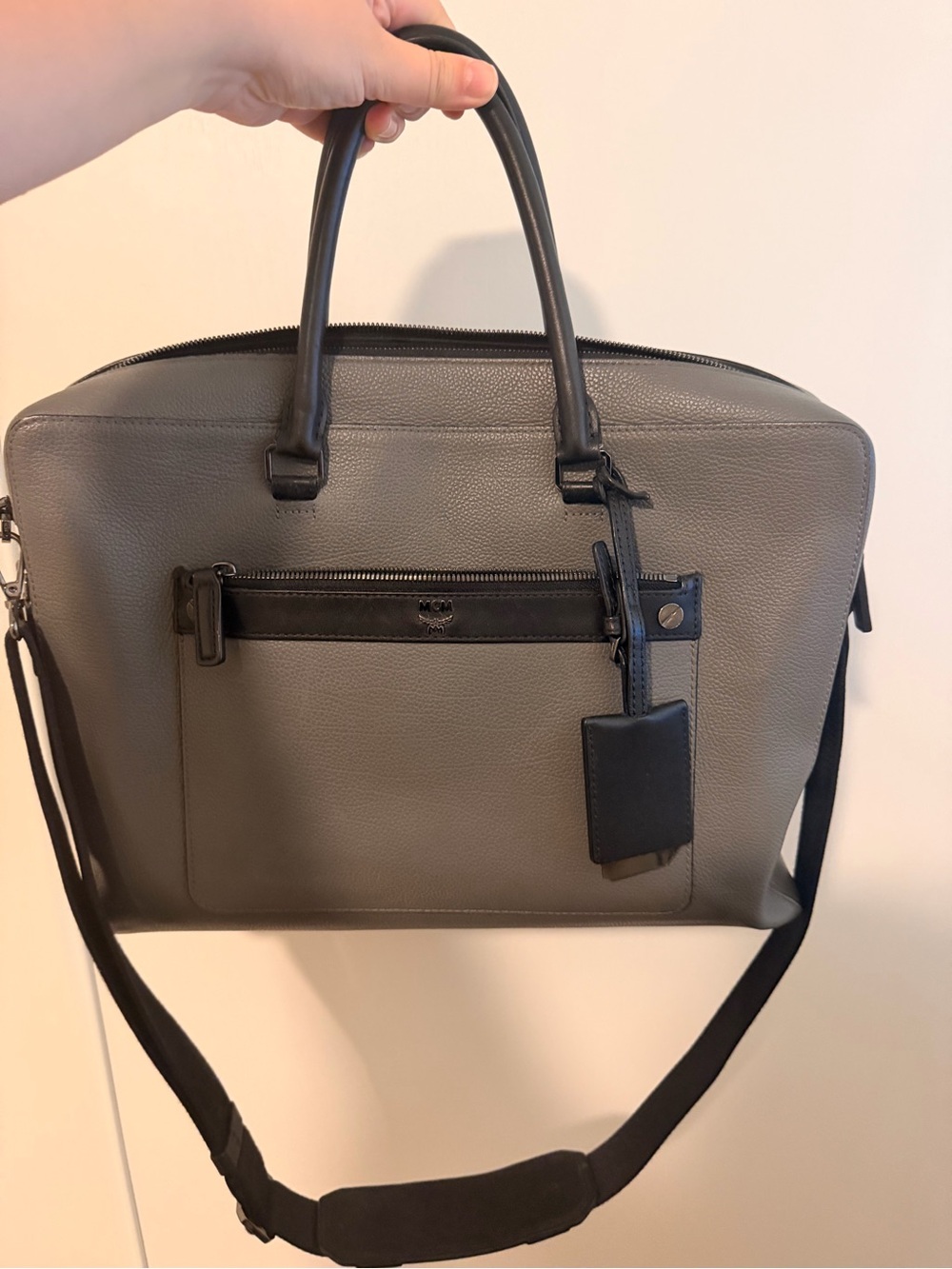 Unisex MCM Vintage Grey Leather Briefcase with Black Trim